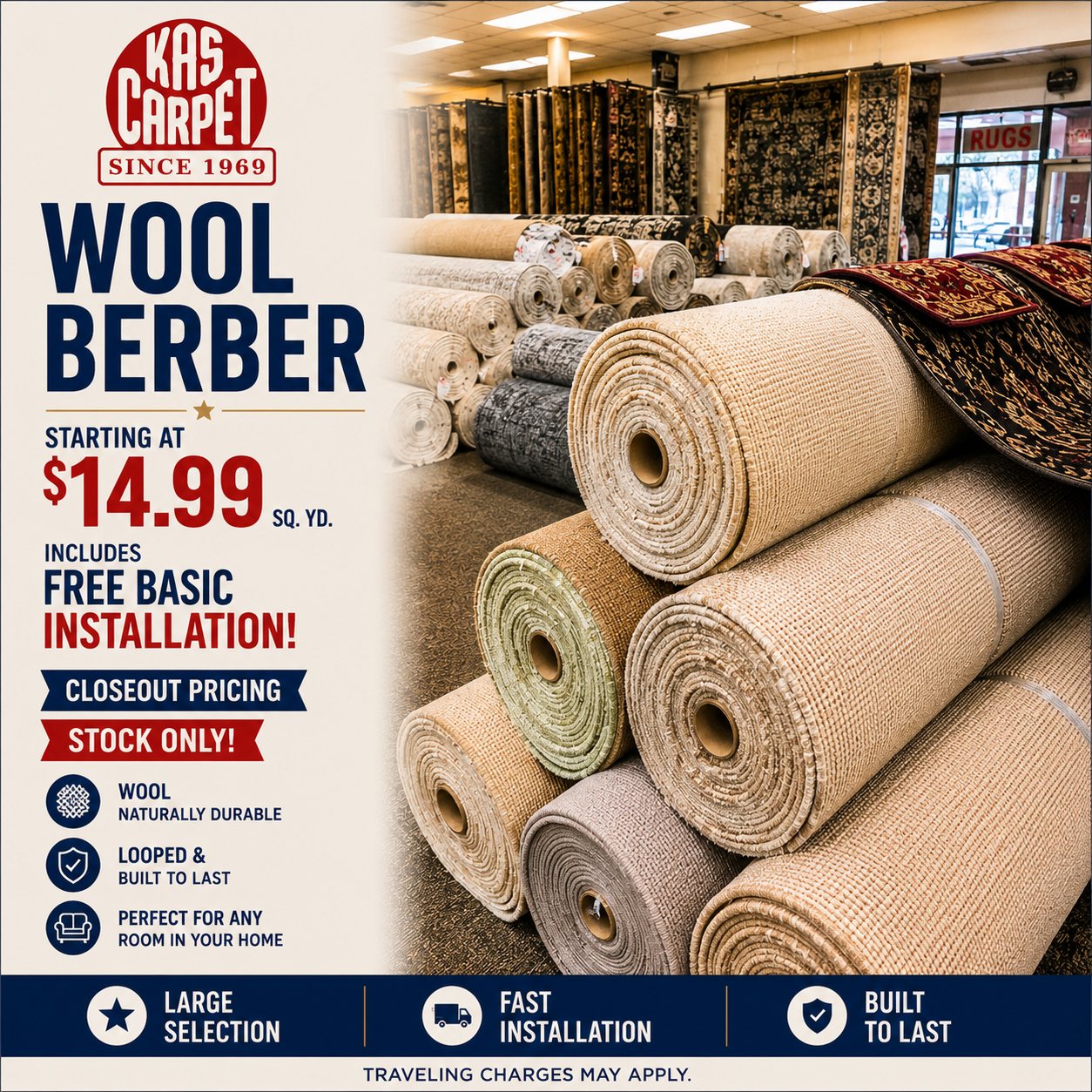 Wool berber carpet closeout pricing at Kas Carpet