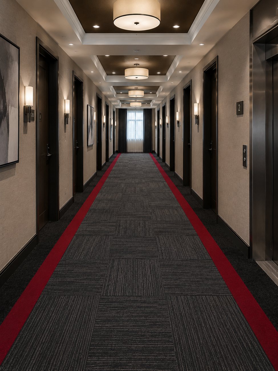 Commercial carpet tile corridor with elevators