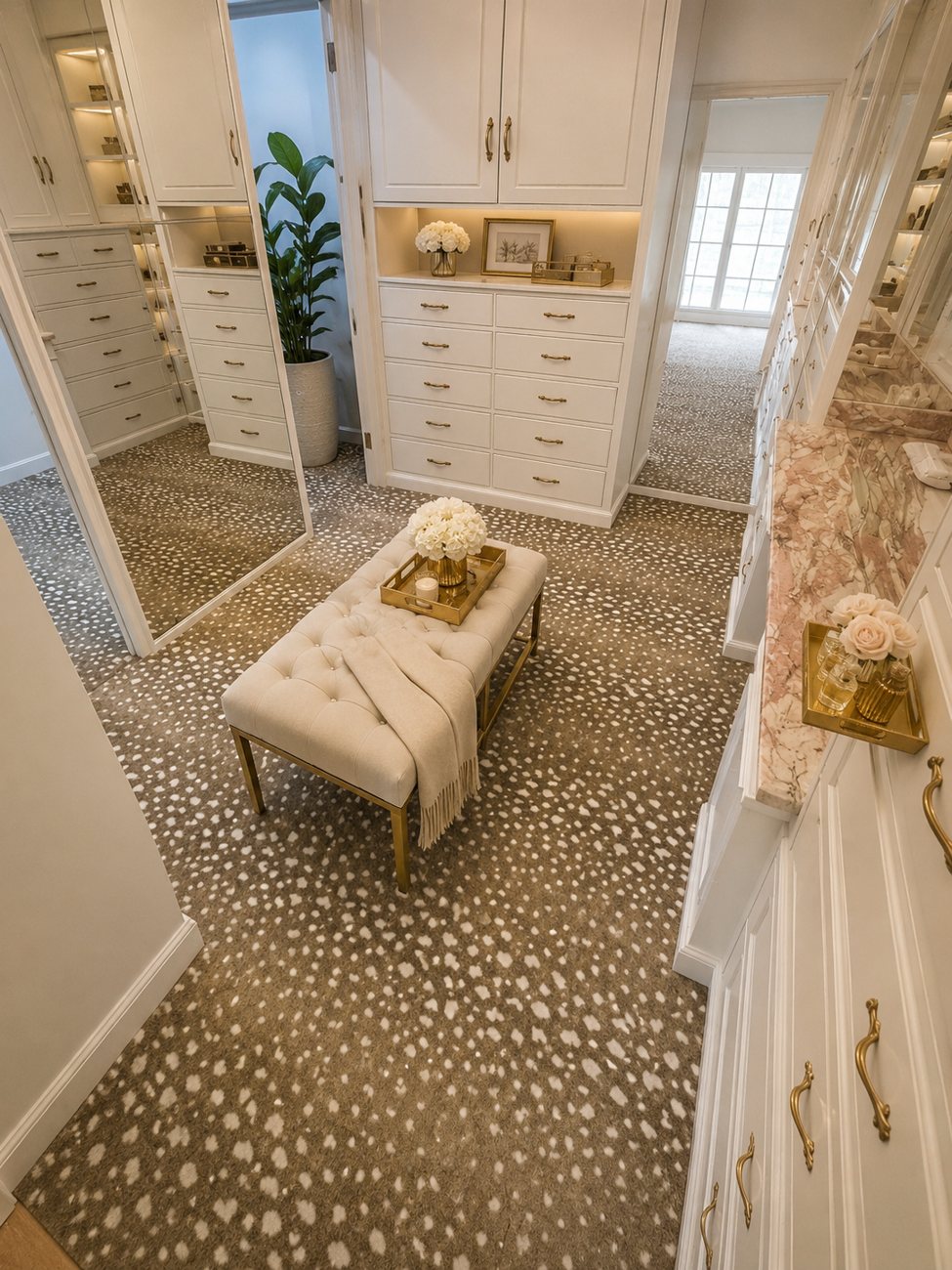 Wall-to-wall antelope-print carpet in a custom dressing room